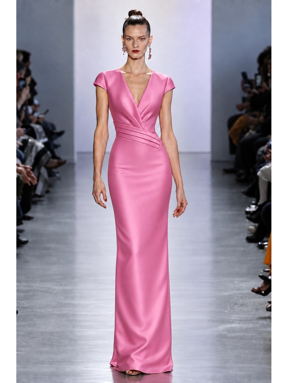 Badgley Mischka Stretch Mikado Column Gown $795 Rose Pink Cap Sleeve